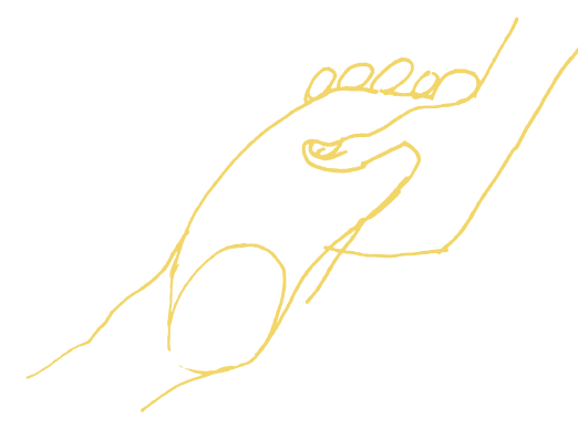 Minimalist single-line drawing of one hand gently holding another hand against a black background.
