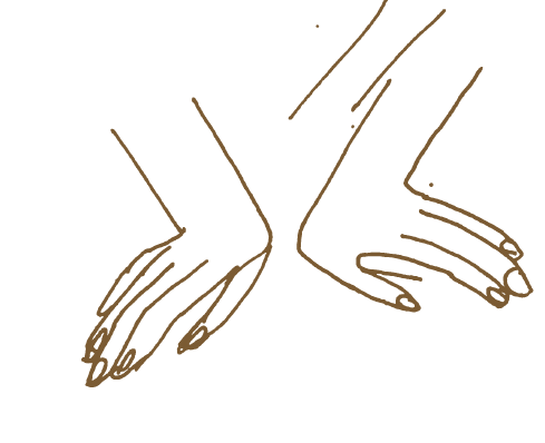Brown line drawing of two hands with palms down and fingers spread apart.